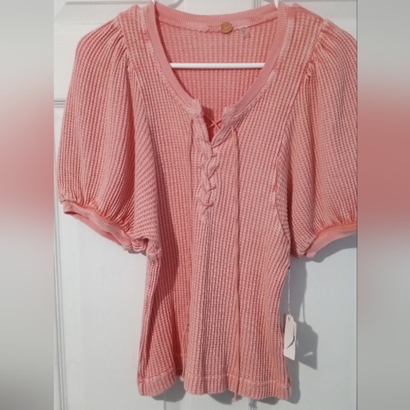 Free People Pink Puff Sleeve Polo Blouse - Picture 1 of 5